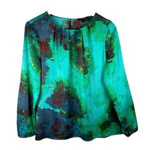 J Crew Womens S Silky Satin Floral Watercolor Blouse Long Sleeve Green Career